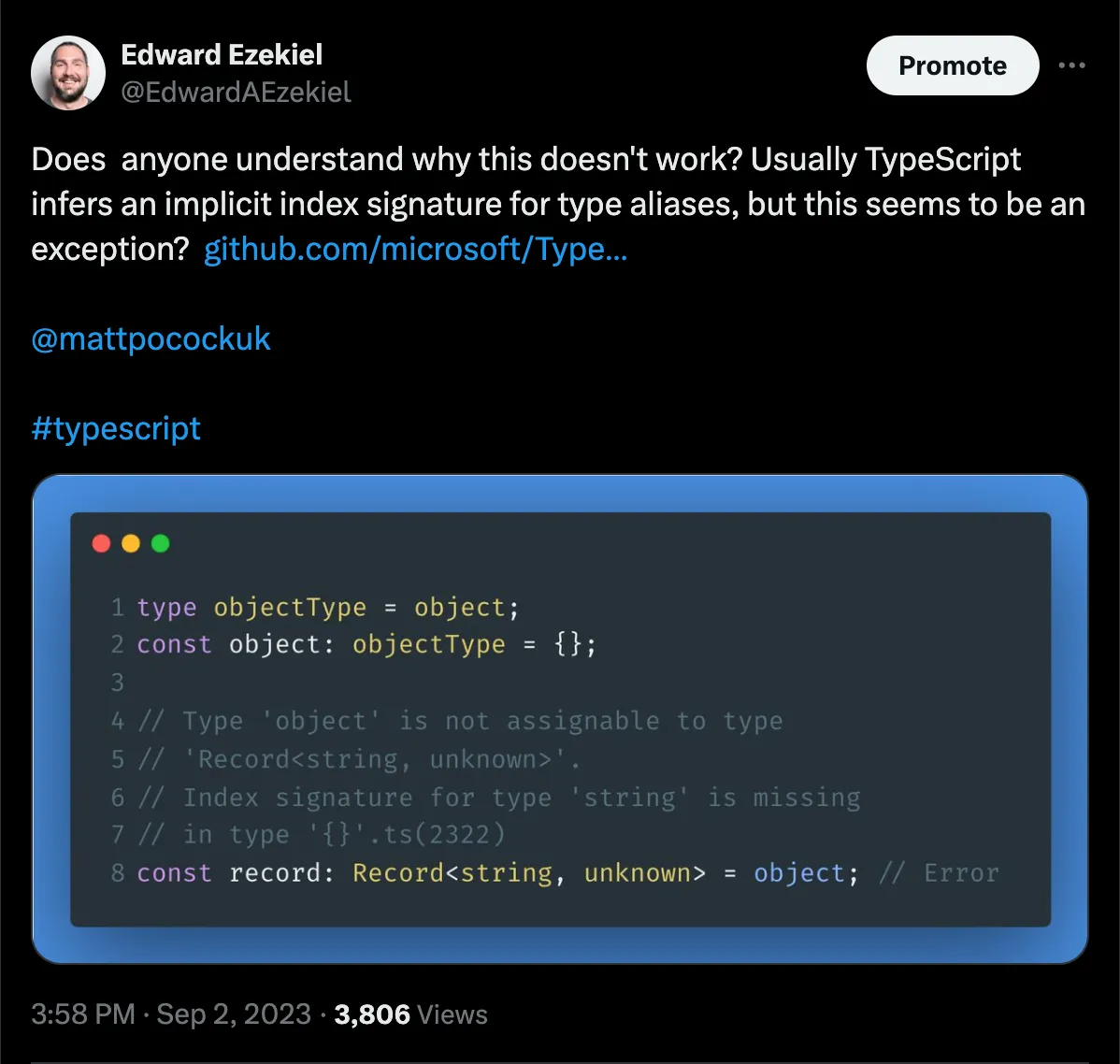 Tweet from Ed Ezekiel on Implicit Index Signatures
