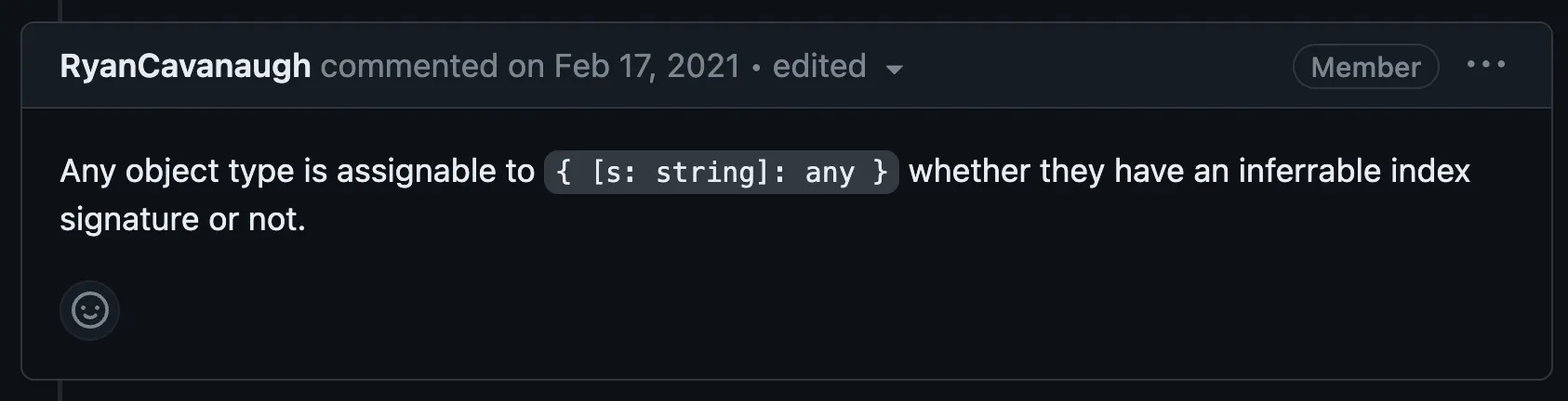 Ryan Cavanaugh comment about assignability to { [s: string]: any }